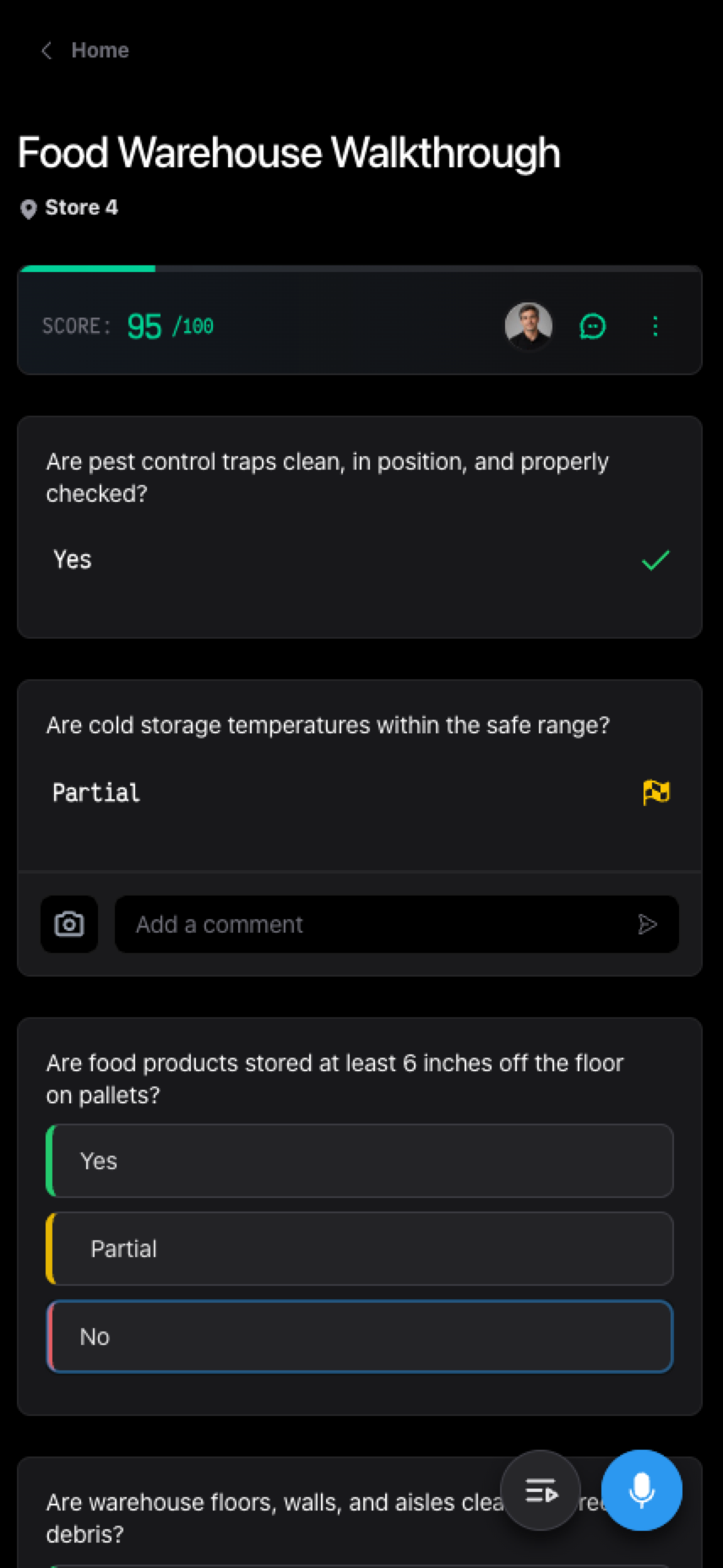 TraceTrack Food Warehouse Dark Mode Walkthrough Mobile Inspection Screen