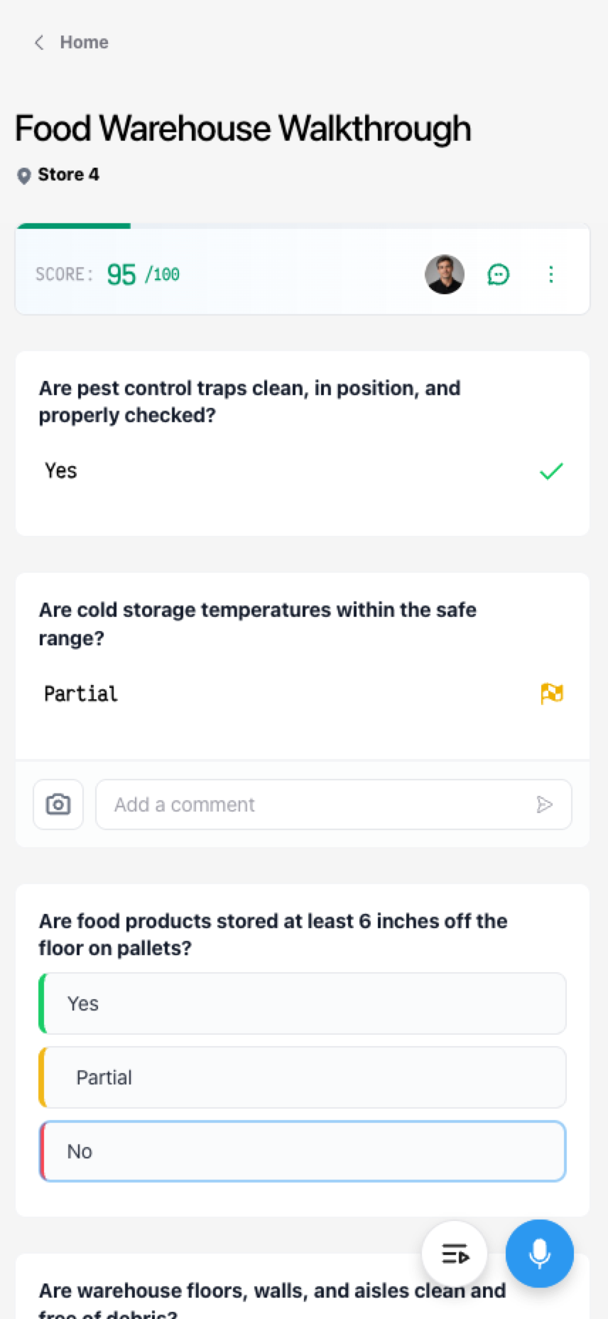 TraceTrack Food Warehouse Light Mode Walkthrough Mobile Inspection Screen
